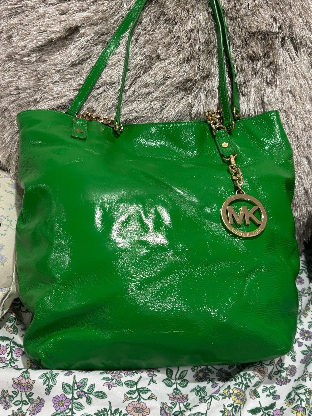 Michael Kors Emerald Green Patent Leather Tote with Gold MK Charm